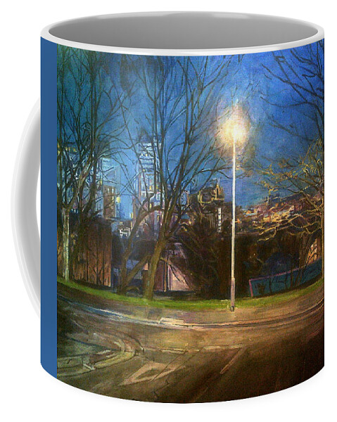 Manchester Street Lamp Bright Light Bare Trees Winter Blue Sky Buildings In Background Coffee Mug featuring the painting Manchester Street With Light And Trees by Rosanne Gartner