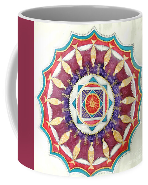 Fantasy Coffee Mug featuring the tapestry - textile Mandala fishes by Stella Velka