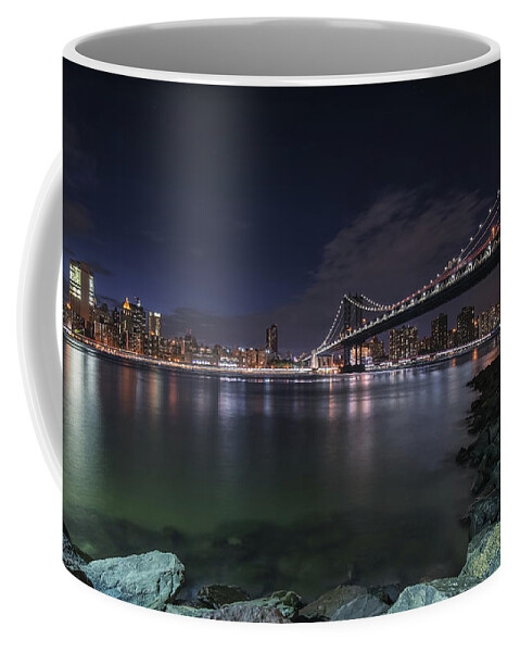 New York City Coffee Mug featuring the photograph Manhattan Bridge Twinkles at Night by Alissa Beth Photography