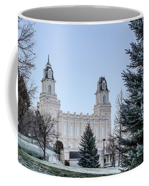 Blue Sky Coffee Mug featuring the photograph Manti Temple on Thanksgiving Morning by K Bradley Washburn