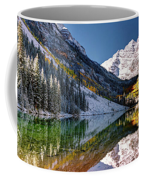 Olena Art Coffee Mug featuring the photograph Sunrise at Maroon Bells Lake Autumn Aspen Trees in The Rocky Mountains Near Aspen Colorado by OLena Art