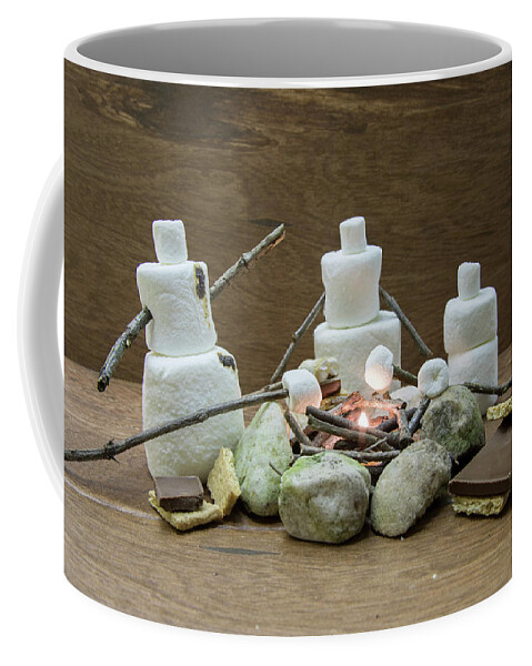Bar Coffee Mug featuring the photograph Marshmallow family making s'mores over campfire by Karen Foley