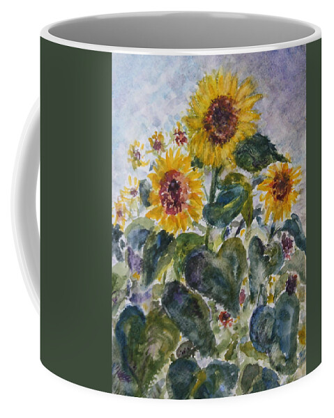 Blue Coffee Mug featuring the painting Martha's Sunflowers by Quin Sweetman