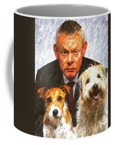 Martin Clunes Coffee Mug featuring the mixed media Martin Clunes as Doc Martin with Dogs Oil Painting by Design Turnpike