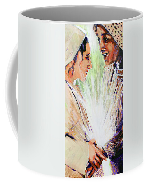 The Visitation Coffee Mug featuring the painting Mary Visits Elizabeth by Steve Gamba