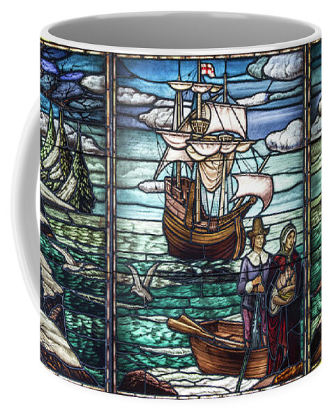 Mayflower Coffee Mug featuring the photograph Mayflower Pilgrims in Stained Glass by John Haldane