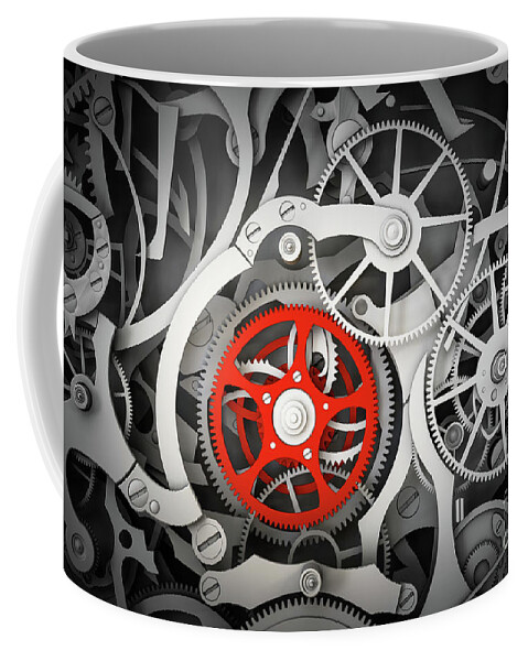 Clockwork Coffee Mug featuring the photograph Mechanism, clockwork with one different, red cogwheel. by Michal Bednarek