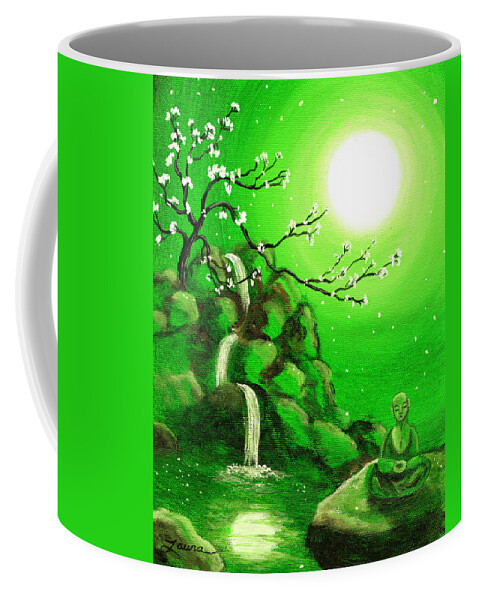 Landscape Coffee Mug featuring the painting Meditating while Cherry Blossoms Fall in Green by Laura Iverson