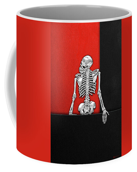'visual Art Pop' Collection By Serge Averbukh Coffee Mug featuring the digital art Memento Mori - Silver Human Skeleton on Black and Red Canvas by Serge Averbukh