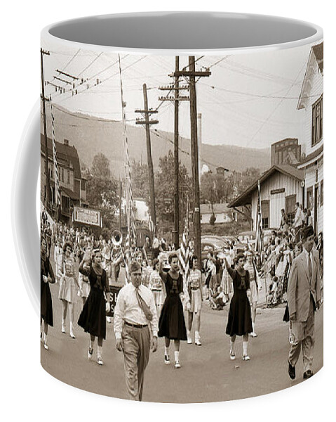 Wilkes Barre Coffee Mug featuring the photograph Memorial Day Parade Ashley PA with Train Station and the Huber Colliery in background 1955 by Arthur Miller