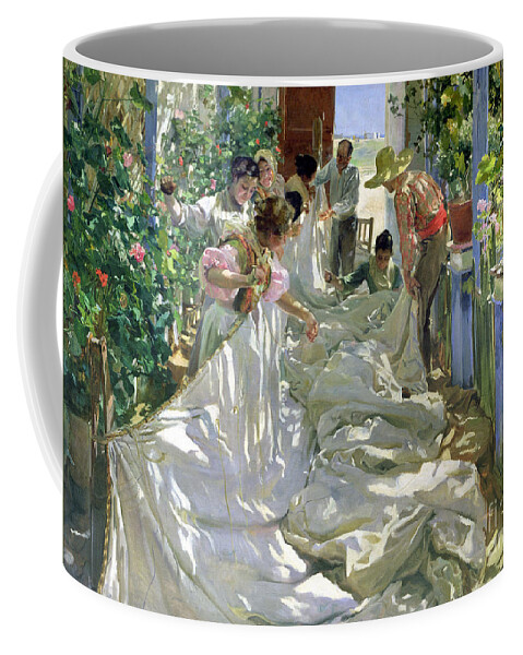 Sewing;straw Hat;geranium;sunshine;worker;workers;greenhouse;conservatory;interior; Pagoda Coffee Mug featuring the painting Mending the Sail by Joaquin Sorolla y Bastida