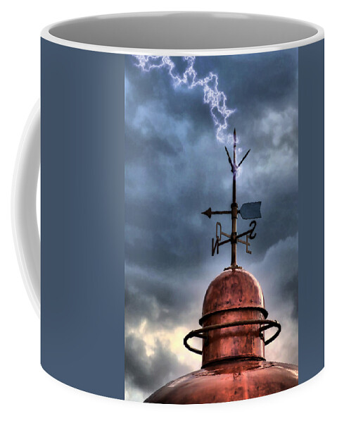 Architecture Coffee Mug featuring the photograph Menorca copper lighthouse dome with lightning rod under a bluish and stormy sky and lightning effect by Pedro Cardona Llambias