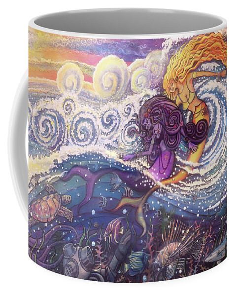 Mermaids Coffee Mug featuring the painting Mermaids in the Surf by David Sockrider
