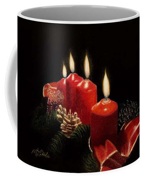 Candles Coffee Mug featuring the pastel Merry Christmas by Marlene Little