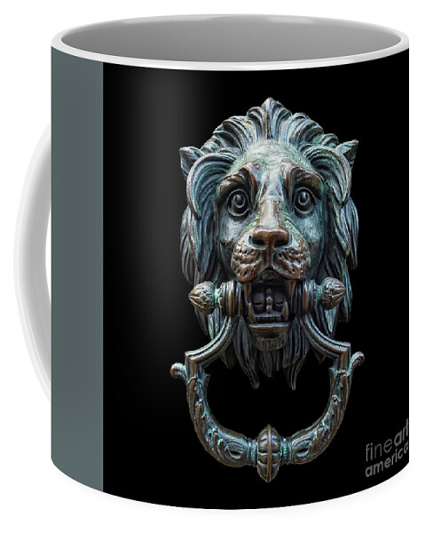 Door Coffee Mug featuring the photograph Metal Lion Head DoorKnocker Isolated Black by Antony McAulay
