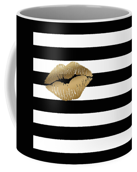 Black And White Stripes Coffee Mug featuring the painting Metallic Gold Lips Black and White Stripes by Georgeta Blanaru
