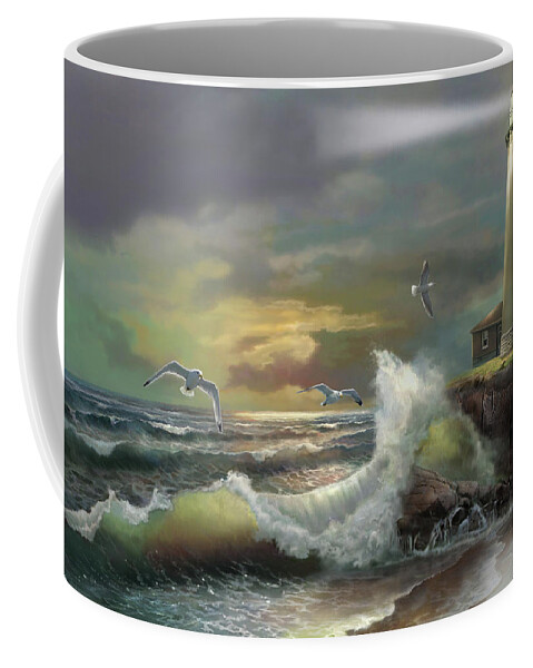  Michigan Seul Choix Point Lighthouse Art Print Coffee Mug featuring the painting Michigan Seul Choix Point Lighthouse with an Angry Sea by Regina Femrite