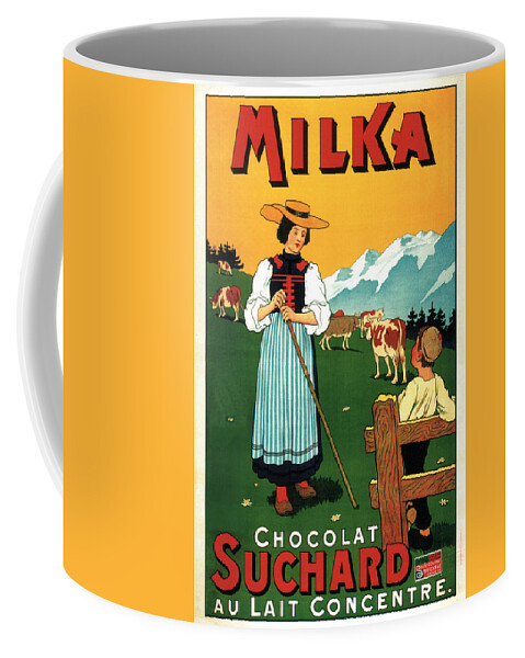 Milka Coffee Mug featuring the mixed media Milka - Chocolat Suchard - Swiss Milk - Vintage Advertising Poster by Studio Grafiikka