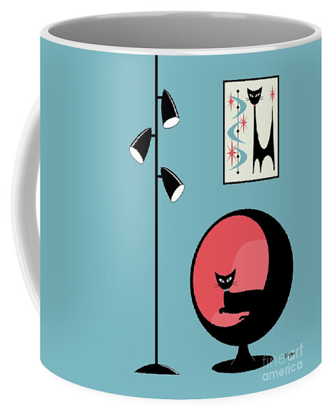 Mid Century Modern Coffee Mug featuring the digital art Mini Atomic Cat on Turquoise by Donna Mibus