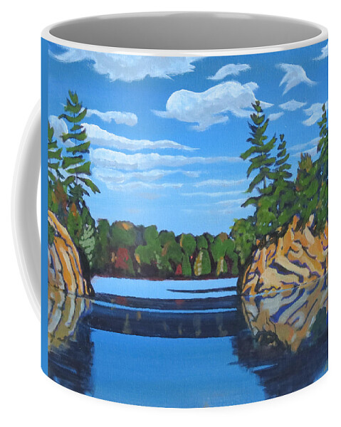 Canadian Shield Coffee Mug featuring the painting Mink Lake Gap by David Gilmore