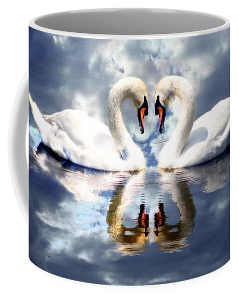 Mirrored White Swans Coffee Mug featuring the photograph Mirrored White Swans with Clouds Effect by Rose Santuci-Sofranko