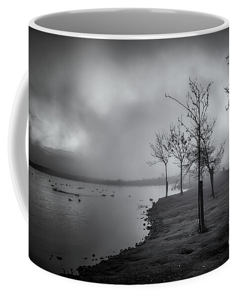 Dslr Coffee Mug featuring the photograph Mist over the tarn - monochrome by Mariusz Talarek