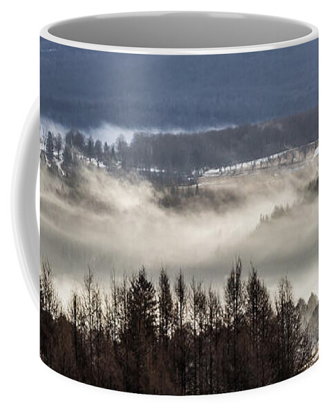Mist Coffee Mug featuring the photograph Misty Darling Hill Panoramic by Tim Kirchoff