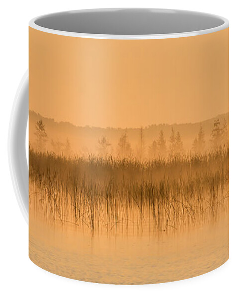 Orange Coffee Mug featuring the photograph Misty Morning Floating Bog Island on Boy Lake by Patti Deters