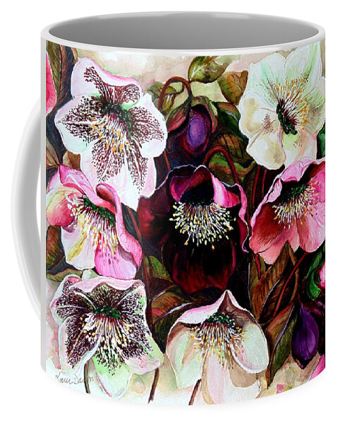 Pink Floral Coffee Mug featuring the painting Mixed Hellebore by Karin Dawn Kelshall- Best