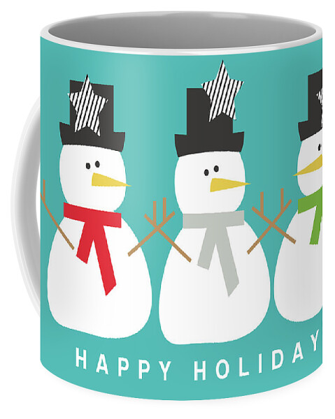 Snowman Coffee Mug featuring the digital art Modern Snowmen Happy Holidays- Art by Linda Woods by Linda Woods