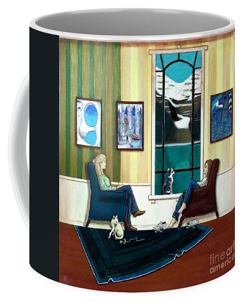 John Lyes Coffee Mug featuring the painting Mom and Daughter Sitting in Chairs with Sphynxes by John Lyes