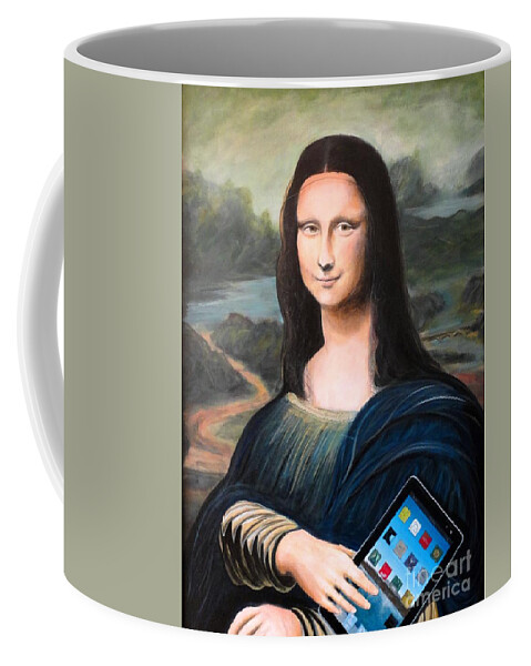 John Lyes Coffee Mug featuring the painting Mona Lisa with ipad by John Lyes