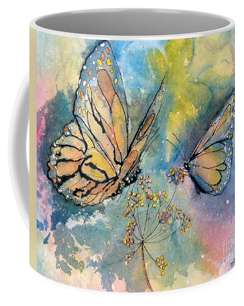Monarch Butterflies Coffee Mug featuring the painting Monarch Butterflies by Midge Pippel