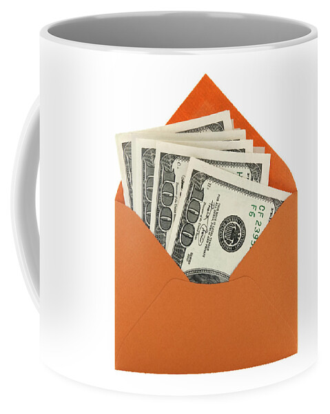 Money Coffee Mug featuring the photograph Money in an orange envelope by GoodMood Art