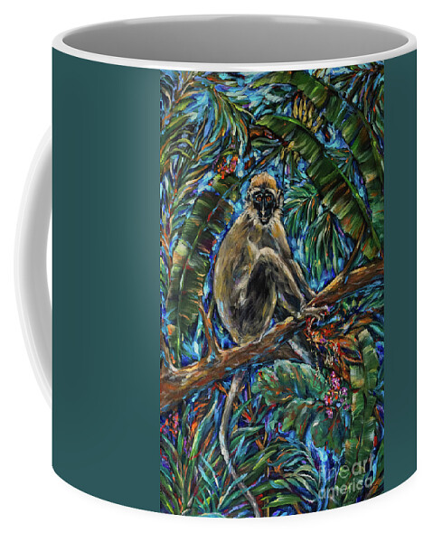 Jungle Coffee Mug featuring the painting Monkey Eating Berries by Linda Olsen