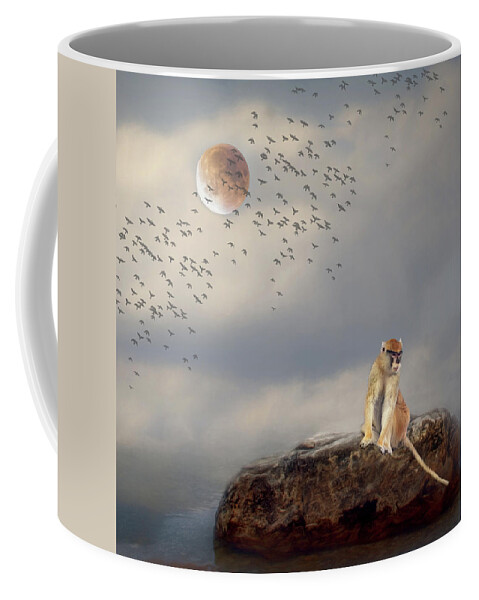 Monkey Coffee Mug featuring the photograph Monkey on a Rock by Rebecca Cozart