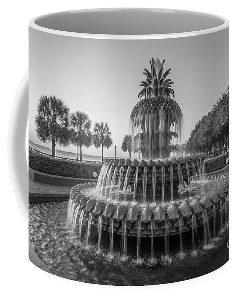 Pineapple Fountain Coffee Mug featuring the photograph Monochrome Pineapple Fountain in Charleston by Dale Powell