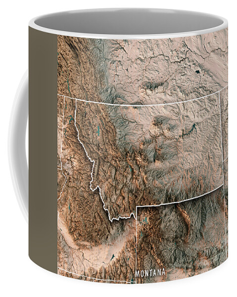 Montana Coffee Mug featuring the digital art Montana State USA 3D Render Topographic Map Neutral Border by Frank Ramspott