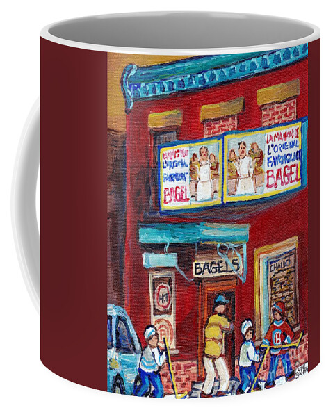 Montreal Coffee Mug featuring the painting Montreal Art Fairmount Bagel Paintings For Sale Canadian Hockey Street Scene C Spandau Quebec Artist by Carole Spandau