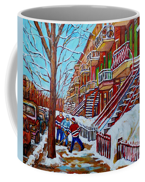 Montreal Coffee Mug featuring the painting Montreal Art Winter Staircase Scenes Hockey Art Painting For Sale C Spandau Canadian Street Scenes  by Carole Spandau