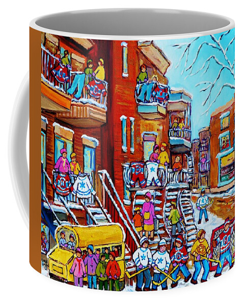Montreal Coffee Mug featuring the painting Montreal Hockey Art Original Canadian Winter Scene Painting For Sale Wash Day Wilensky's C Spandau by Carole Spandau