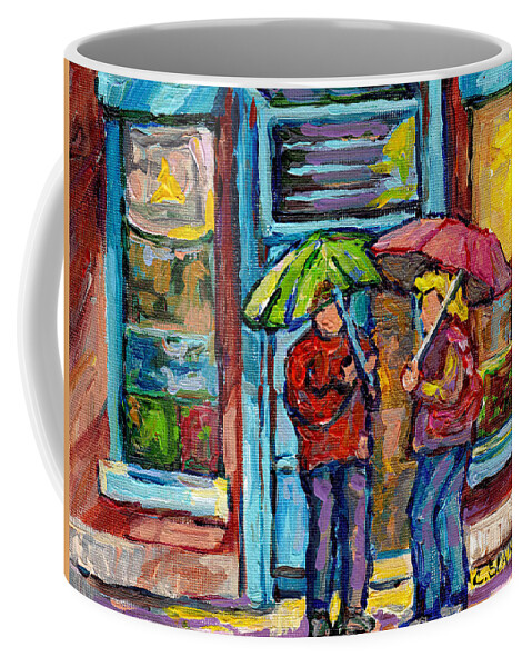 Wilensky's Coffee Mug featuring the painting Montreal Rainy Day Paintings April Showers Umbrella Conversation At Wilensky's Deli C Spandau Quebec by Carole Spandau