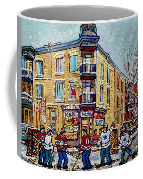  Montreal Coffee Mug featuring the painting Montreal Snowy Winter Scene Laurier Bbq Hockey Game Art Canadian Paintings Carole Spandau      by Carole Spandau