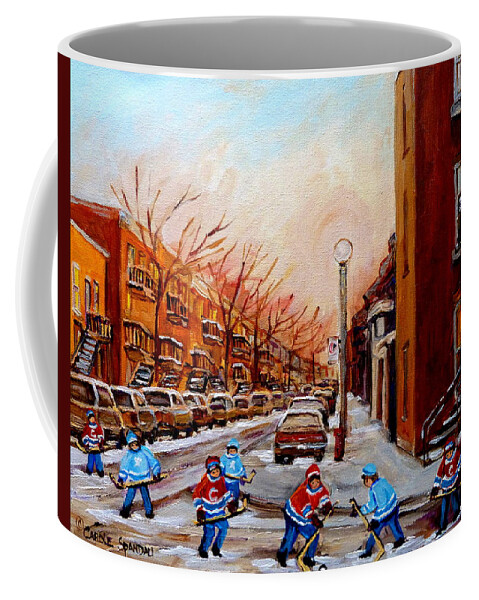 Montreal Streetscene Coffee Mug featuring the painting Montreal Street Hockey Game by Carole Spandau