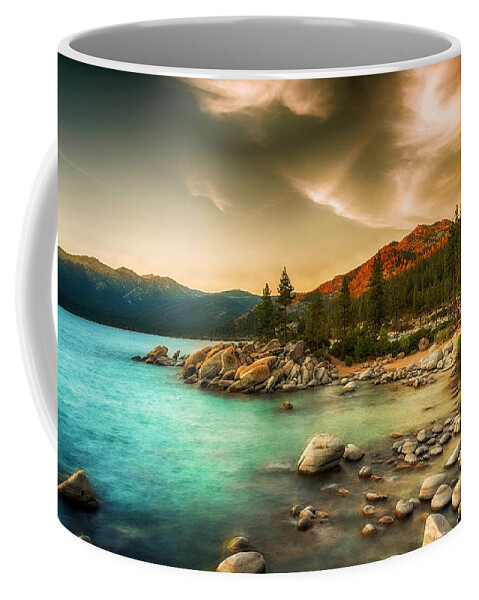 Landscape Coffee Mug featuring the photograph Moody Lake by Maria Coulson