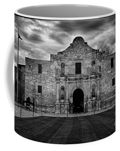 Moody Morning At The Alamo Bw Coffee Mug featuring the photograph Moody Morning at the Alamo BW by Jemmy Archer