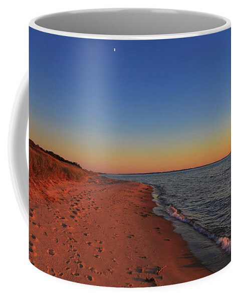 Moon Above Sunset Coffee Mug featuring the photograph Moon Above Sunset by Rachel Cohen