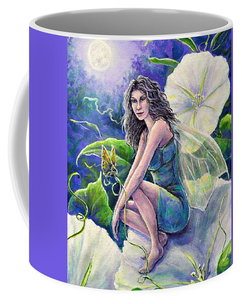 Fairy Moon Moonflower Moth Purple Green Wings Night Magic Coffee Mug featuring the painting Moonflower by Gail Butler