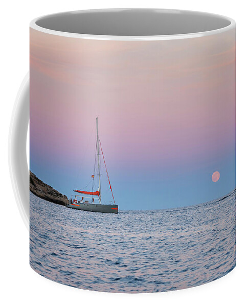 Boat Coffee Mug featuring the photograph Moonrise At Sunset by Rick Deacon