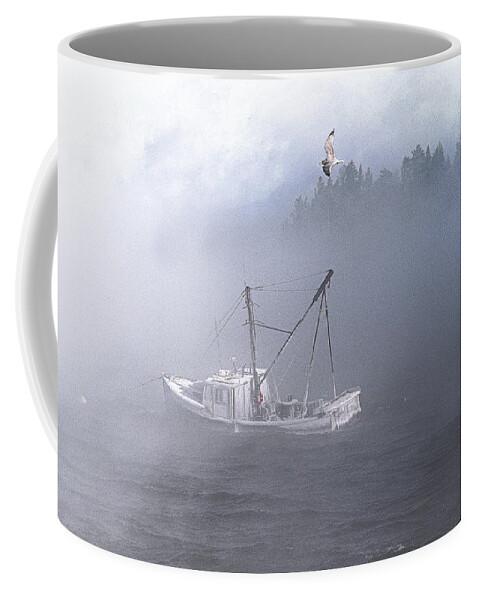 Moored In Blustery Sea Smoke Coffee Mug featuring the photograph Moored in Blustery Sea Smoke by Marty Saccone